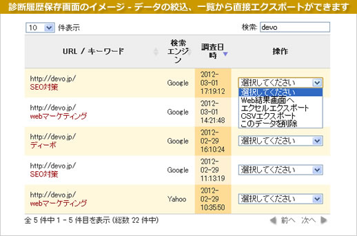 診断履歴保存画面のイメージ - データの絞込、一覧から直接エクスポートができます